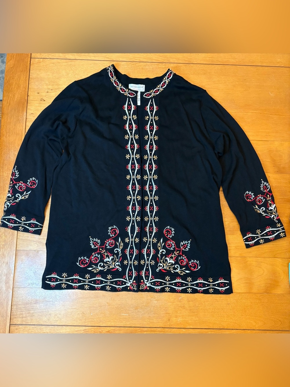 Victor Costa Occasion Cardigan 1X Black Embroidered Beaded Longline Statement